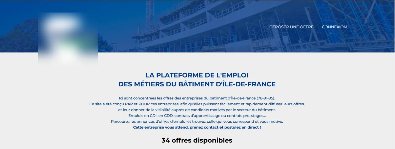 Page d'accueil d'une plateforme d'emploi du bâtiment, 34 offres disponibles