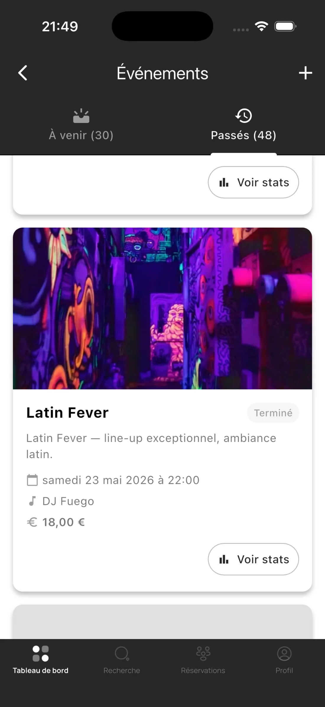 Liste des soirées passées et à venir avec leurs statistiques