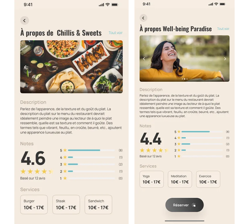 Maquettes d'une application de réservation de restaurant et de bien-être