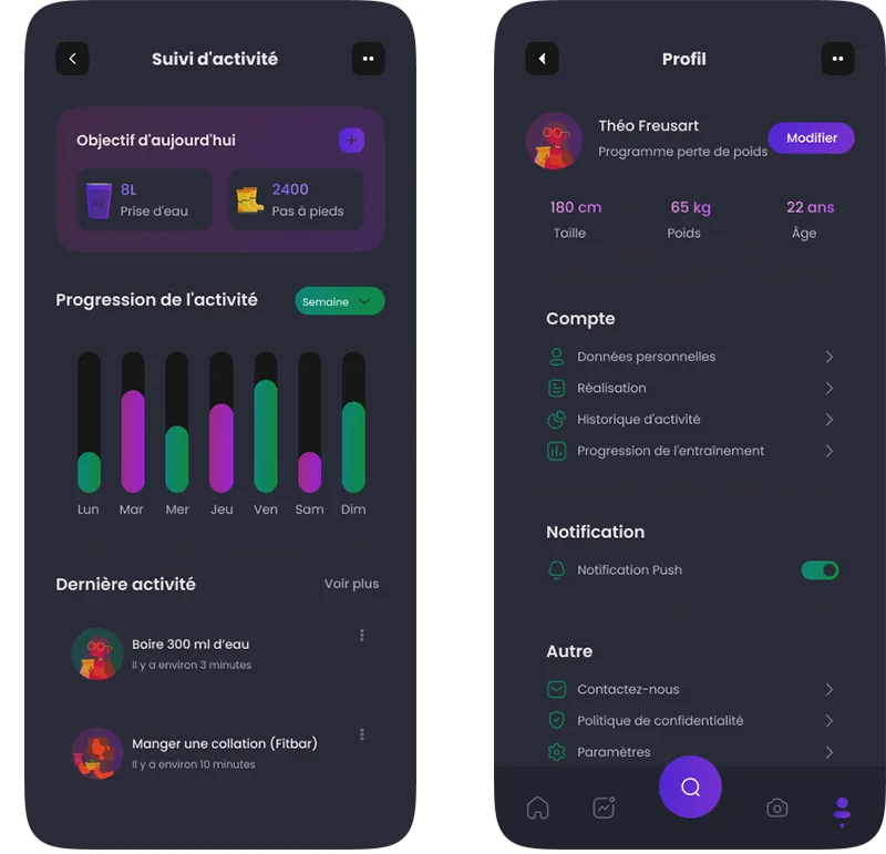 Maquettes d'une application de suivi sportif en mode sombre